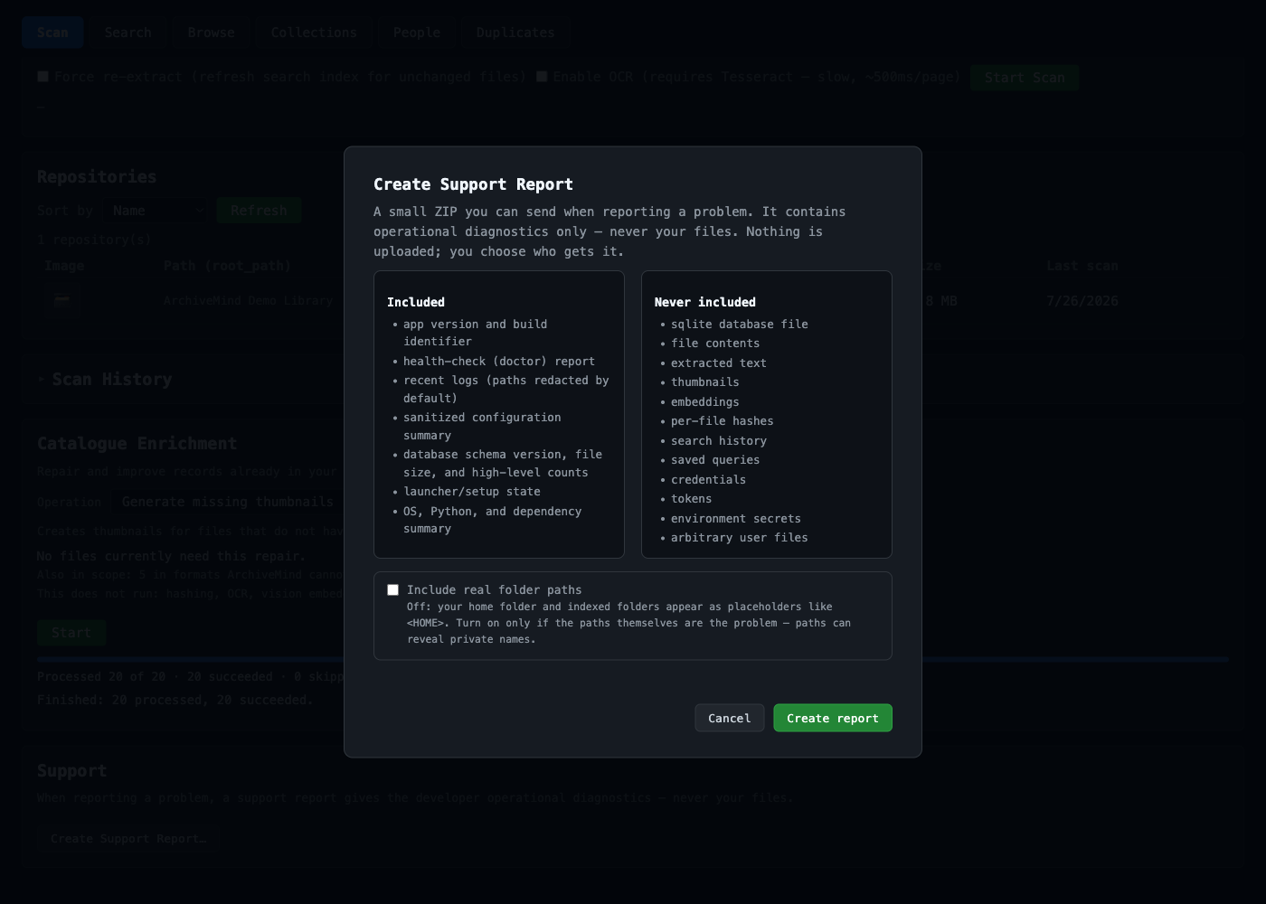 The Create Support Report dialog: an Included list and a Never included list side by side, a default-off checkbox for including real folder paths with an explanation, and Cancel and Create report buttons